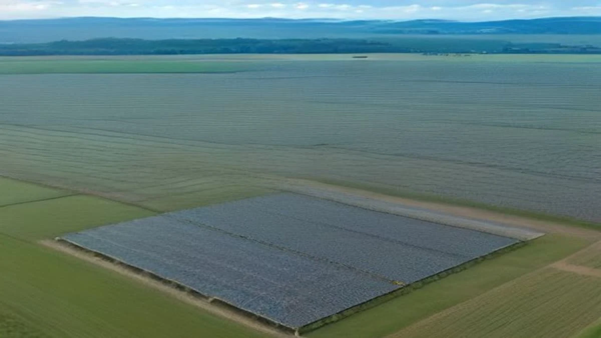 ground-mounted PV array with cable trays following the frames