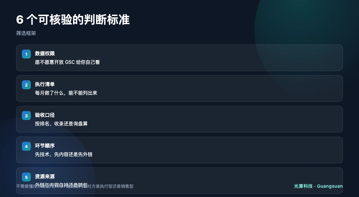 谷歌SEO服务商筛选的六个可核验标准清单图